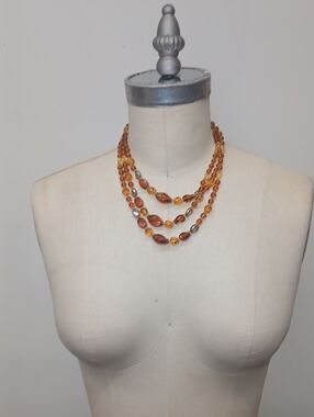 Vintage Multi-Strand Amber & Gold Glass Bead Necklace - Marked GERMANY